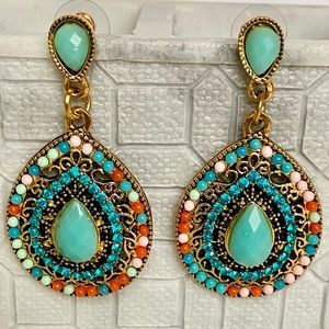 NEW Turquoise with Rhinestones and Multicolor Beads Tear Drop Earrings